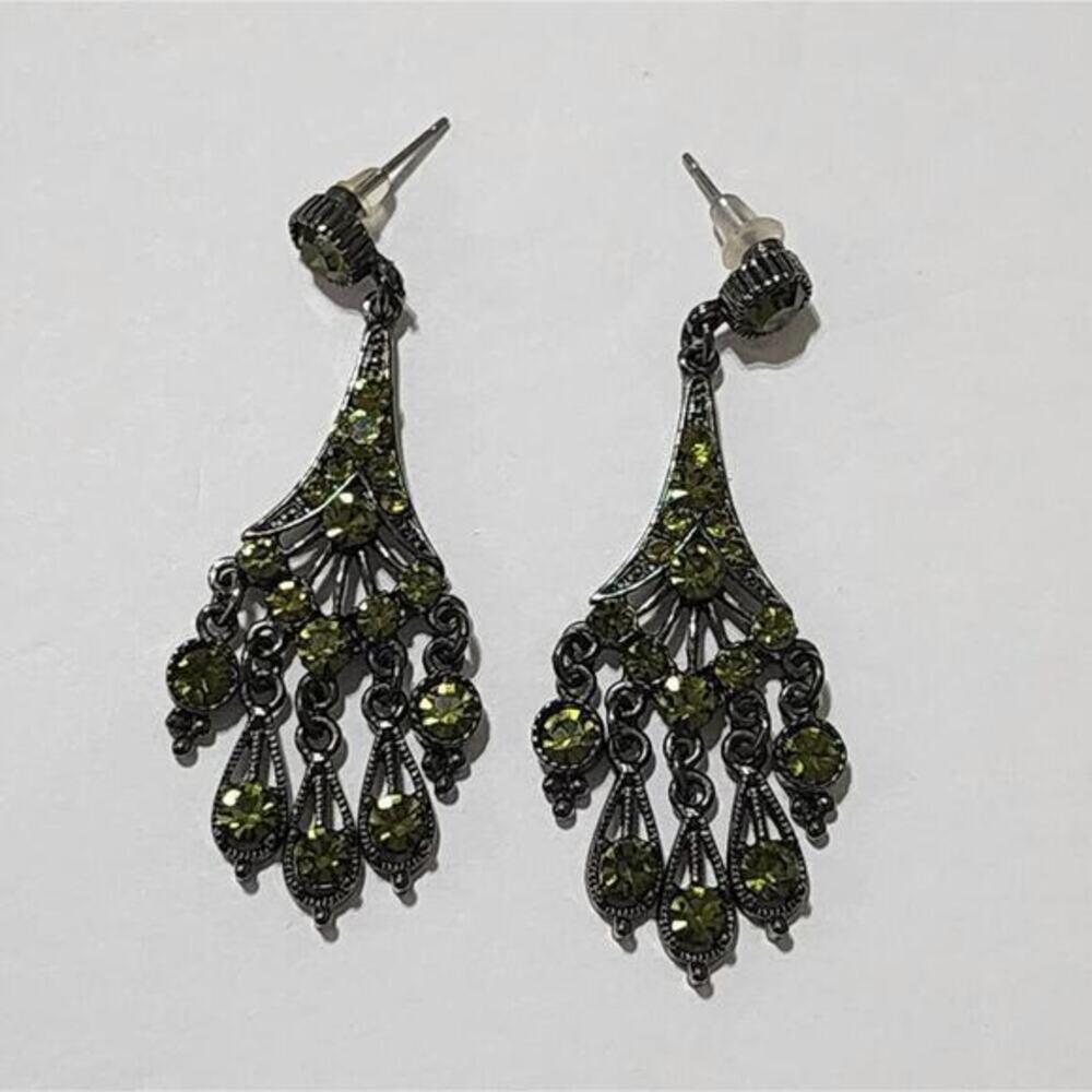 WHBM jeweled chandelier peridot gunmetal light green statement‎ earrings